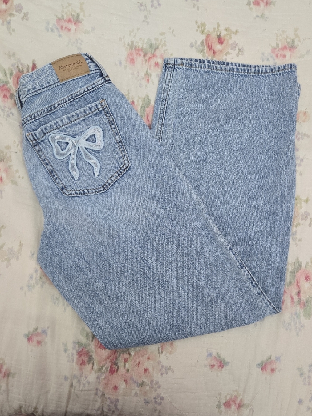 Abercrombie & Fitch Light Blue Wide Leg Jeans with Embroidered Bow Pocket